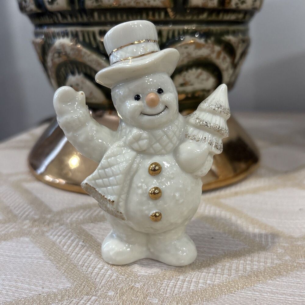 Lenox China 3 1/2" Snowman with Top Hat & Tree Figurine Gold Accents
